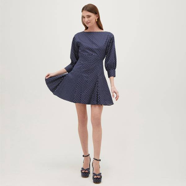 Polka Dot Midi Wrap Dress Short Sleeve Waist Tie In Navy ... | Sarta |  SilkFred