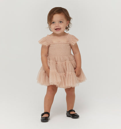 Champagne Gold Satin Embroidered Dress For Girls Design by Ba Ba Baby  clothing co. at Pernia's Pop Up Shop 2024