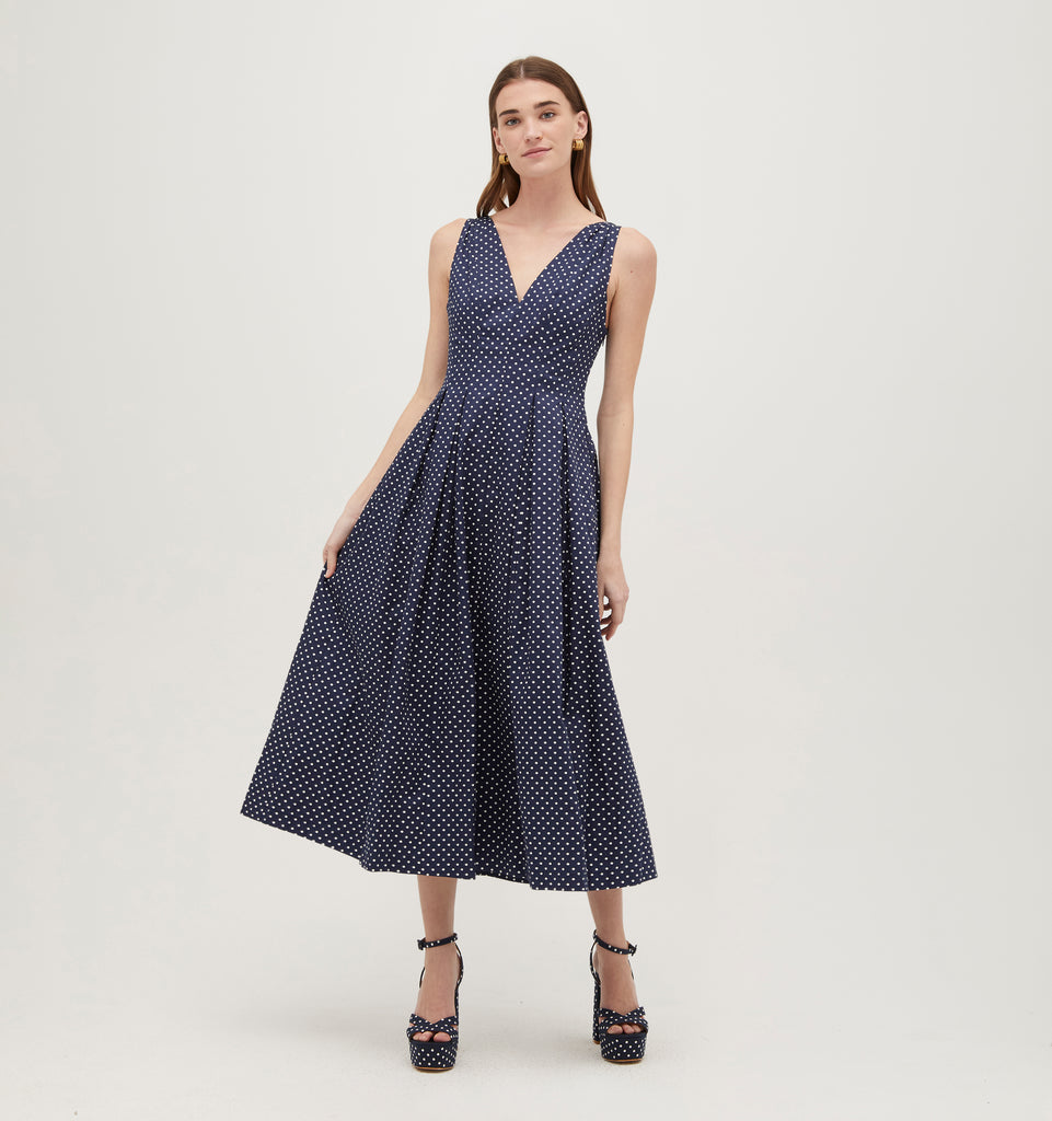 The Jacqueline Dress - Navy Polka Dot Cotton Sateen – Hill House Home